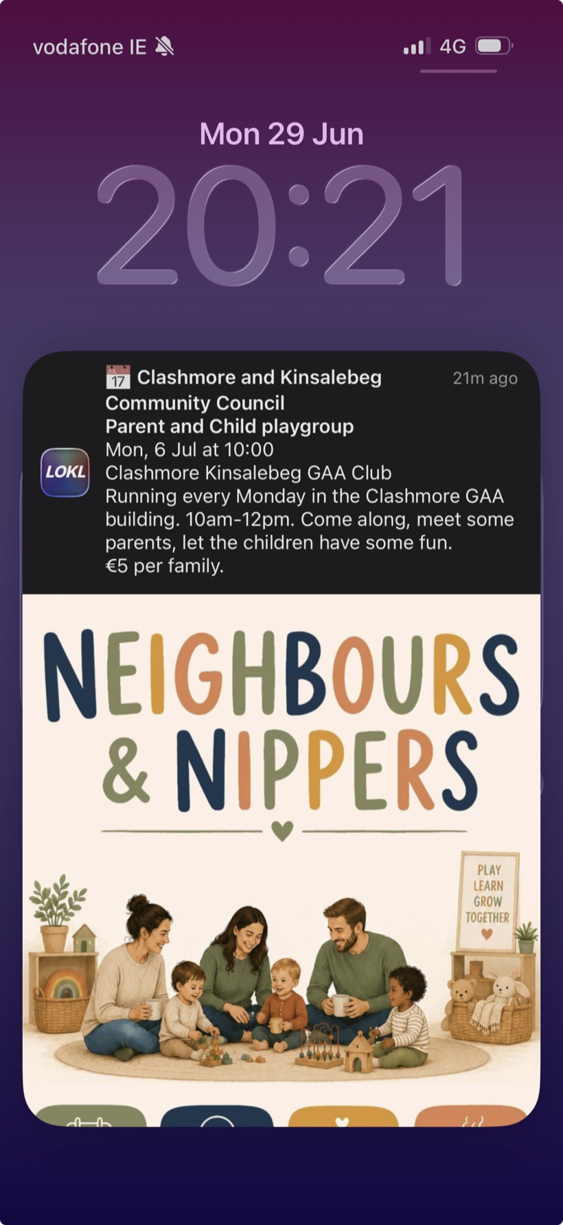 A notification from a community group on LOKL